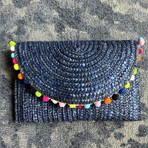 Pom Pom Straw Clutch Purse Shiraleah Chicago Navy Colorful Pom Poms 11.5 X 8